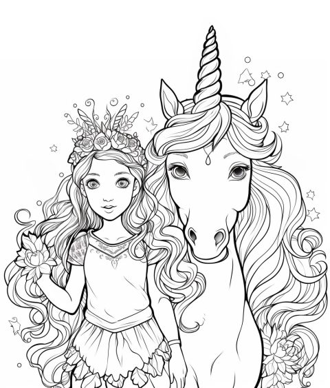 Einhorn mit Fee – Ausmalbild zum Ausdrucken
