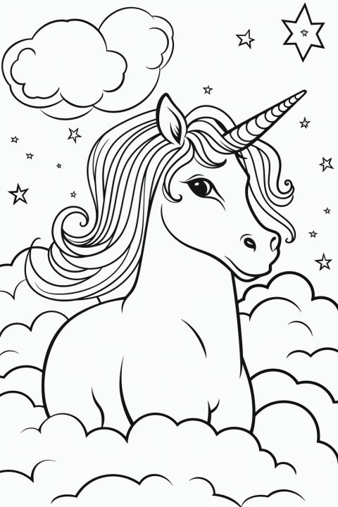 Einhorn im Himmel als Malvorlage – Ausmalbild zum Ausdrucken