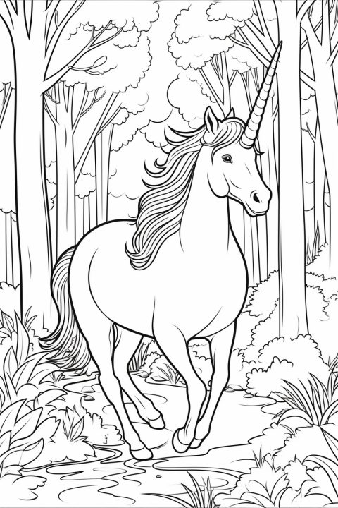 Einhorn im Wald als Malvorlage – Ausmalbild zum Ausdrucken