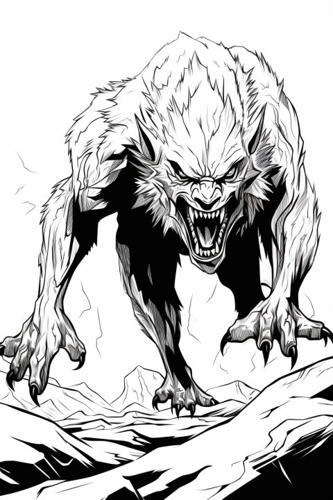 Werwolf im Schnee als Malvorlage – Ausmalbild zum Ausdrucken
