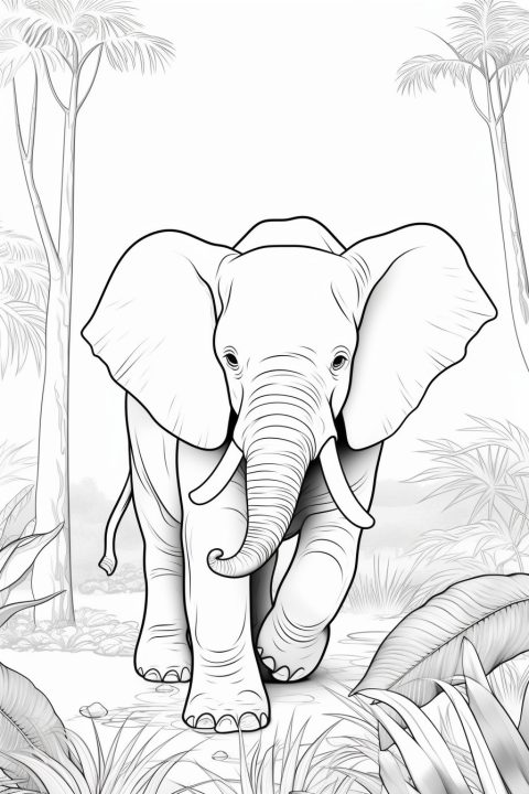 Elefant im Regenwald als Malvorlage – Ausmalbild zum Ausdrucken