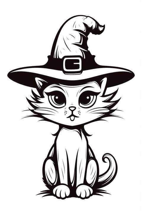 Hexenkatze als Malvorlage – Ausmalbild zum Ausdrucken