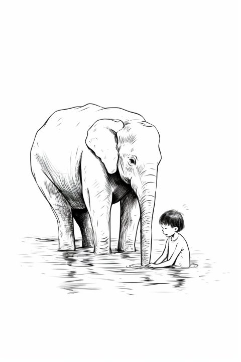 Elefant beim Baden als Malvorlage – Ausmalbild zum Ausdrucken