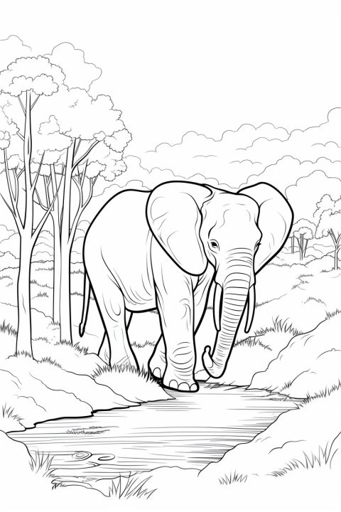 Elefant im Wald als Malvorlage – Ausmalbild zum Ausdrucken