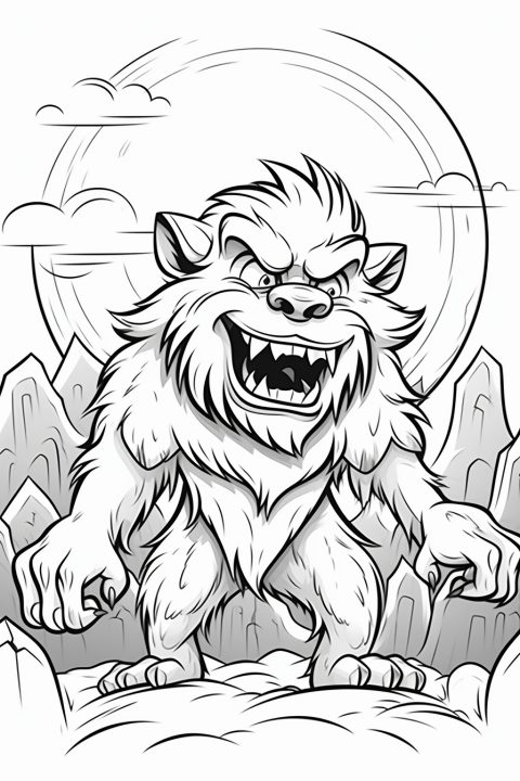 Werwolf und Mondlandschaft als Malvorlage – Ausmalbild zum Ausdrucken