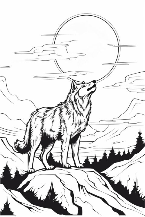 Wolf mit Mond als Malvorlage – Ausmalbild zum Ausdrucken