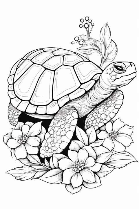 Schildkröte mit Blumen als Malvorlage – Ausmalbild zum Ausdrucken