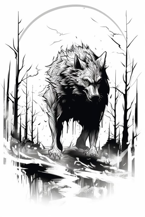 Werwolf im Nebelwald als Malvorlage – Ausmalbild zum Ausdrucken