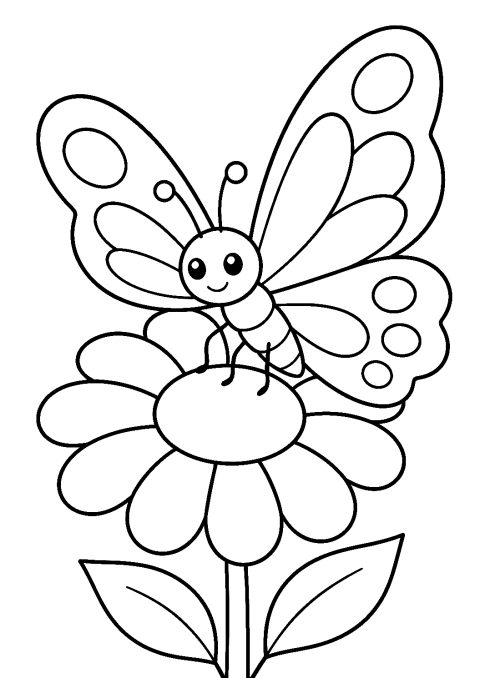 Schmetterling auf einer Blume als Malvorlage – Ausmalbild zum Ausdrucken
