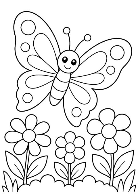 Schmetterling im Garten als Malvorlage – Ausmalbild zum Ausdrucken