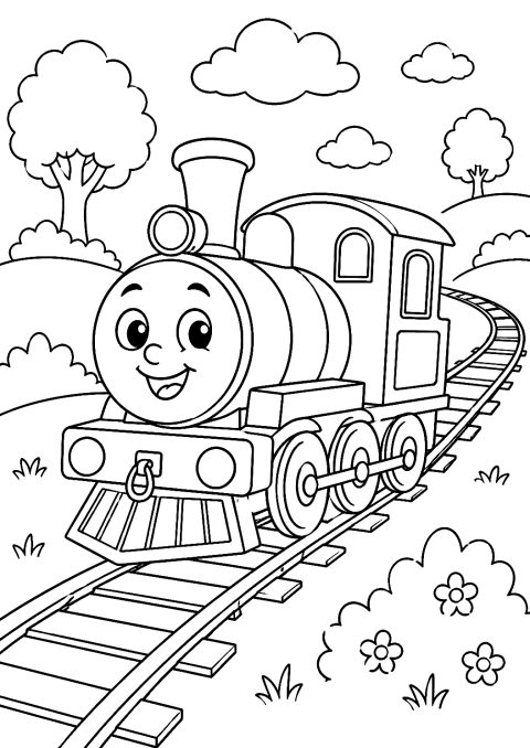 Thomas die kleine Lokomotive auf den Schienen als Malvorlage – Ausmalbild zum Ausdrucken