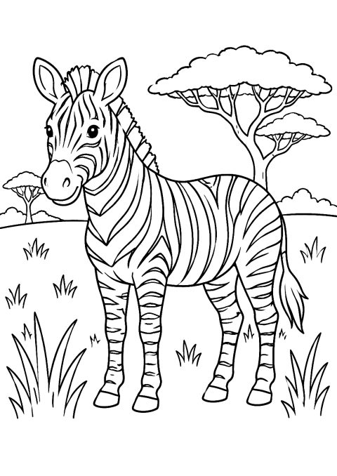 Zebra auf der Savanne als Malvorlage – Ausmalbild zum Ausdrucken