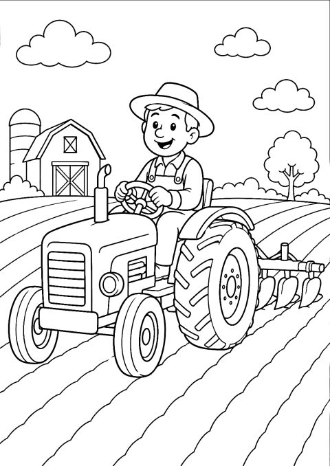 Granjero Conduciendo un Tractor en el Campo para Colorear – dibujo para colorear e imprimir
