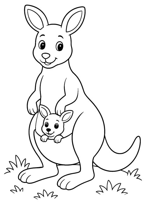 Canguro con bebé en la bolsa para colorear – dibujo para colorear e imprimir