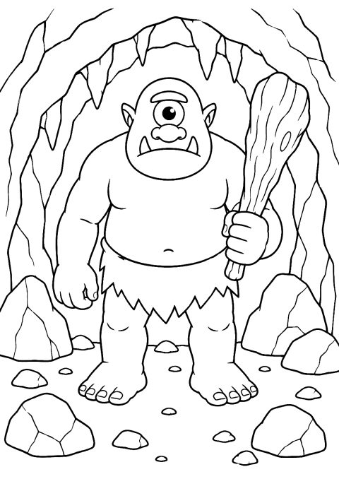 Cyclope dans la grotte à colorier – coloriage à imprimer