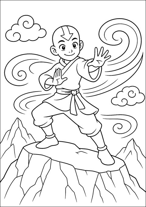 Aang beim Airbending auf einem Berggipfel als Malvorlage – Ausmalbild zum Ausdrucken
