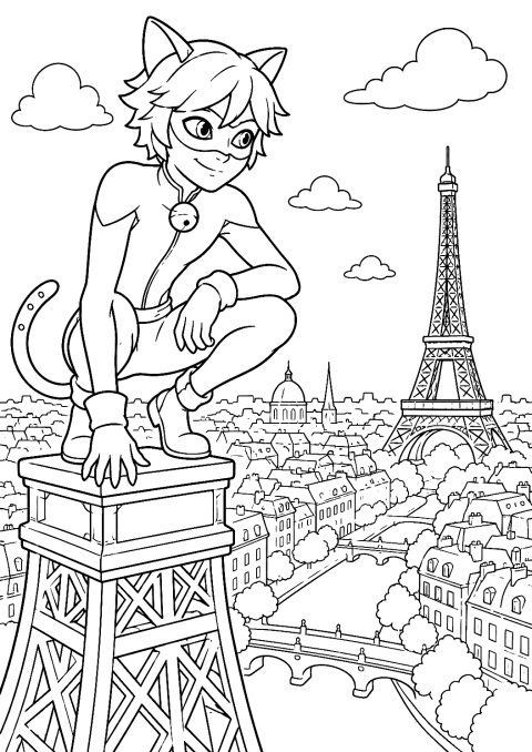 Cat Noir auf dem Eiffelturm als Malvorlage – Ausmalbild zum Ausdrucken