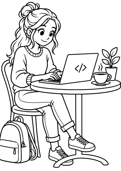 Programmiererin am Laptop im Café als Malvorlage – Ausmalbild zum Ausdrucken