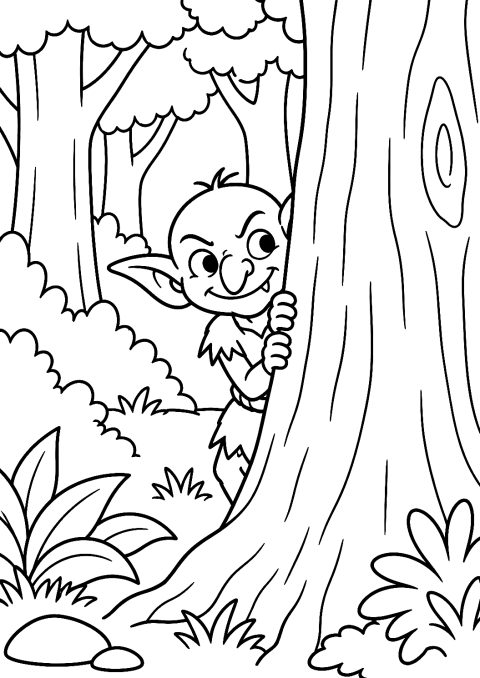 Goblin im Wald als Malvorlage – Ausmalbild zum Ausdrucken