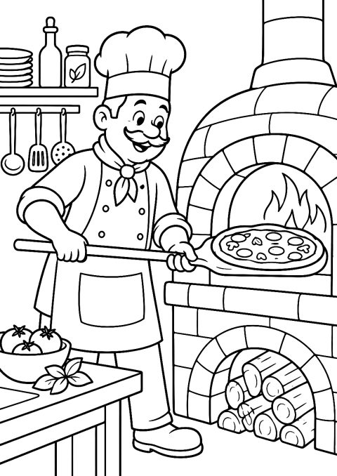 Koch beim Pizzabacken im Restaurant als Malvorlage – Ausmalbild zum Ausdrucken