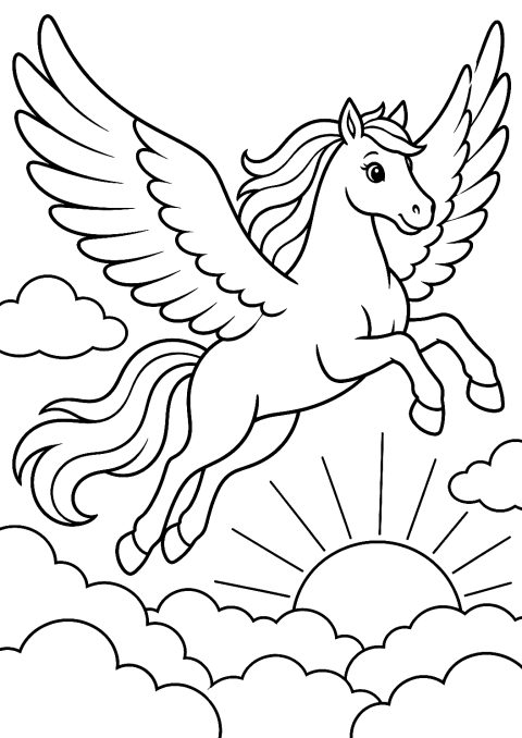 Pegasos auringonnousussa pilvien yllä värityskuvana – tulostettava värityskuva