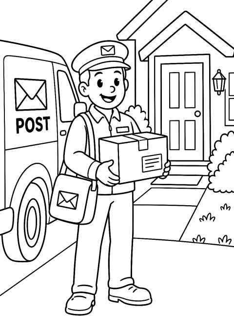 Postbote mit Postauto vor dem Haus als Malvorlage – Ausmalbild zum Ausdrucken