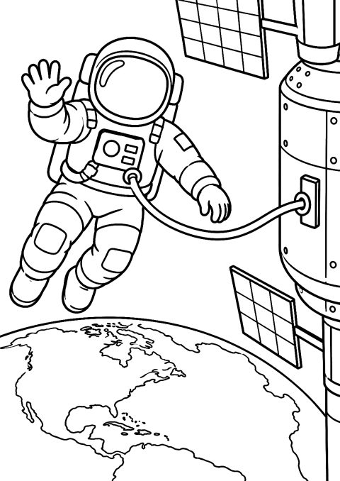 Astronaut beim Weltraumspaziergang als Malvorlage – Ausmalbild zum Ausdrucken