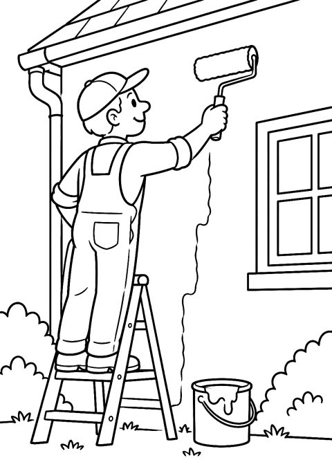 Maler beim Streichen einer Hauswand als Malvorlage – Ausmalbild zum Ausdrucken