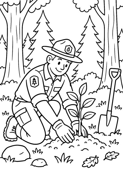 Förster beim Bäumepflanzen im Wald als Malvorlage – Ausmalbild zum Ausdrucken