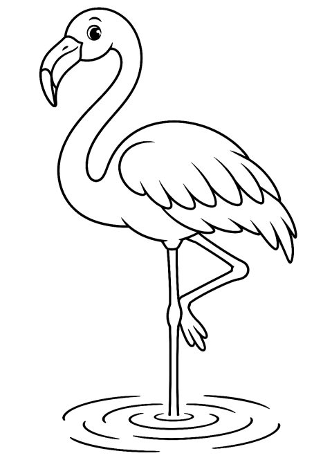 Flamingo balanciert auf einem Bein als Malvorlage – Ausmalbild zum Ausdrucken