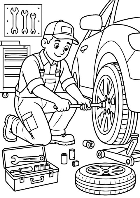 Mecânico a mudar um pneu na oficina para colorir – desenho para colorir para imprimir
