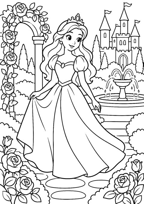 Prinses in de kasteeltuin als kleurplaat – kleurplaat om af te drukken