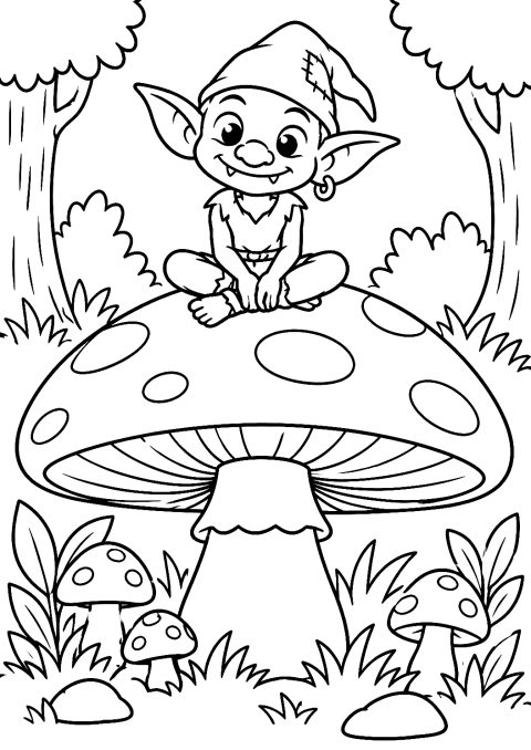 Kobold auf einem Pilz als Malvorlage – Ausmalbild zum Ausdrucken
