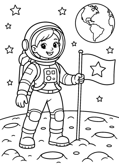 月に旗を立てる女性宇宙飛行士のぬりえ – 印刷用ぬりえ