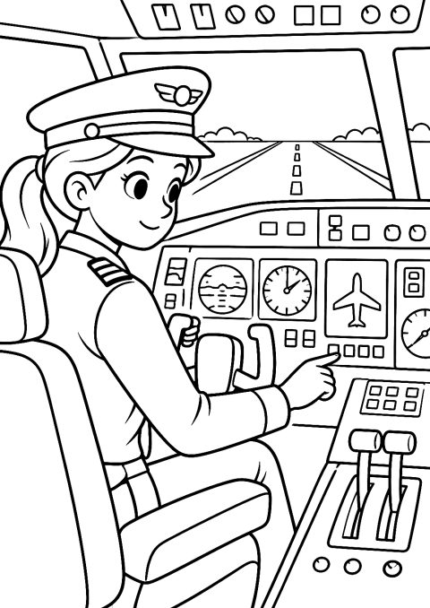 Pilotka v kokpitu před startem jako omalovánka – omalovánka k vytisknutí