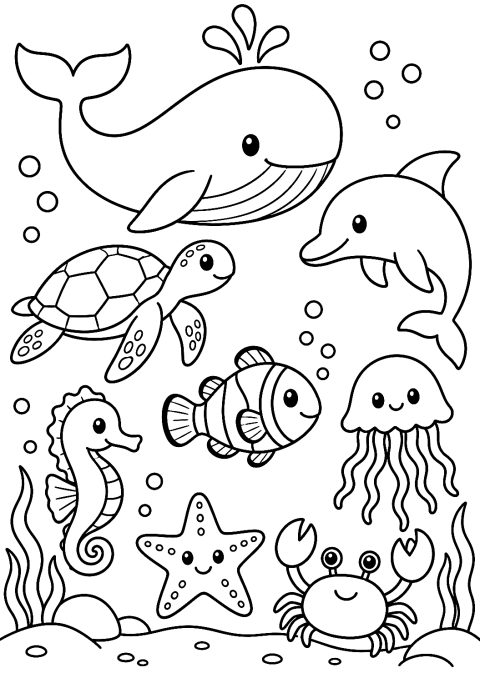 Meren asukkaat värityskuvana – tulostettava värityskuva