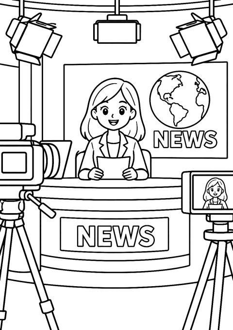 Reporter in the TV Studio Coloring Page – printable coloring page