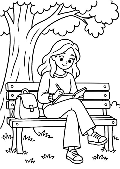 Author Writing in the Park Coloring Page – printable coloring page