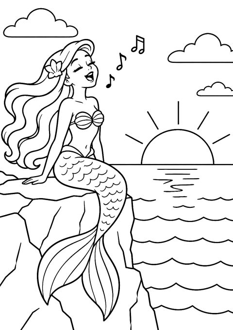 Singing Mermaid at Sunset Coloring Page – printable coloring page