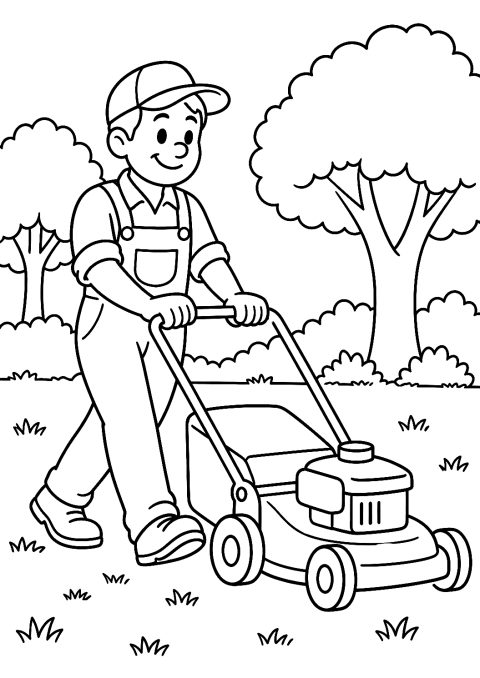 Gardener Mowing the Lawn Coloring Page – printable coloring page
