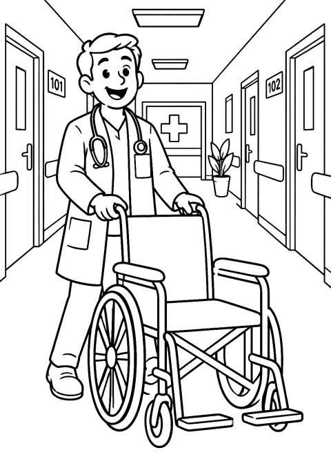 Doctora en el Pasillo del Hospital con Silla de Ruedas para Colorear – dibujo para colorear e imprimir