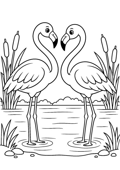 Flamingo Pair by the Lakeshore Coloring Page – printable coloring page