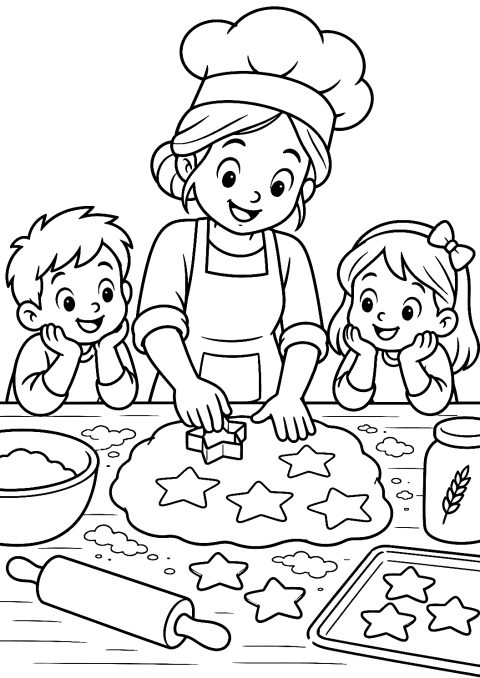 Kurabiye pişiren fırıncı boyama sayfası – yazdırılabilir boyama sayfası