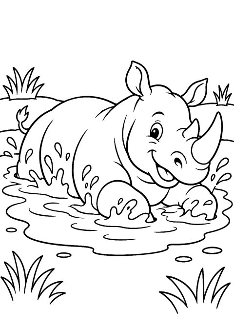 Neushoorn baadt in de modderpoel als kleurplaat – kleurplaat om af te drukken