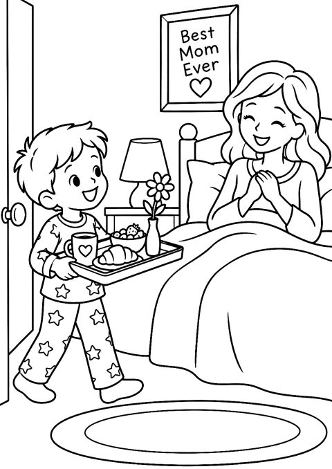 Breakfast in Bed for Mother's Day Coloring Page – printable coloring page