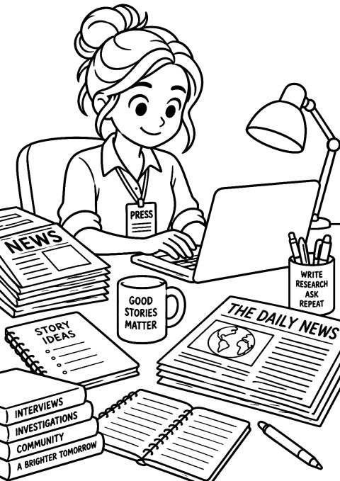 Journaliste écrivant à son bureau à colorier – coloriage à imprimer