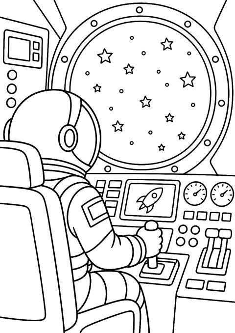 Astronaut im Raumschiff-Cockpit als Malvorlage – Ausmalbild zum Ausdrucken
