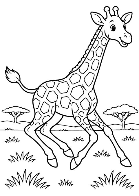 Giraffe läuft galoppierend über die Savanne als Malvorlage – Ausmalbild zum Ausdrucken