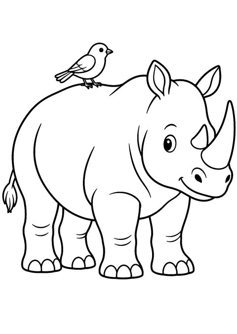 Rinoceronte con uccellino sul dorso da colorare – disegno da colorare da stampare