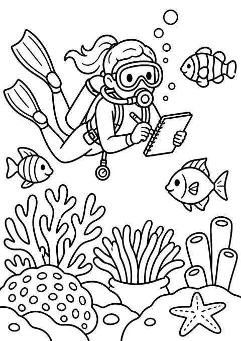 Marine Researcher Diving with Fish Coloring Page – printable coloring page
